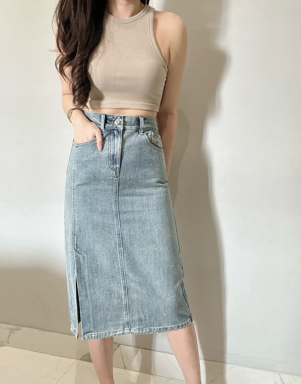 Kode: 3569 (Denim midi slit skirt)