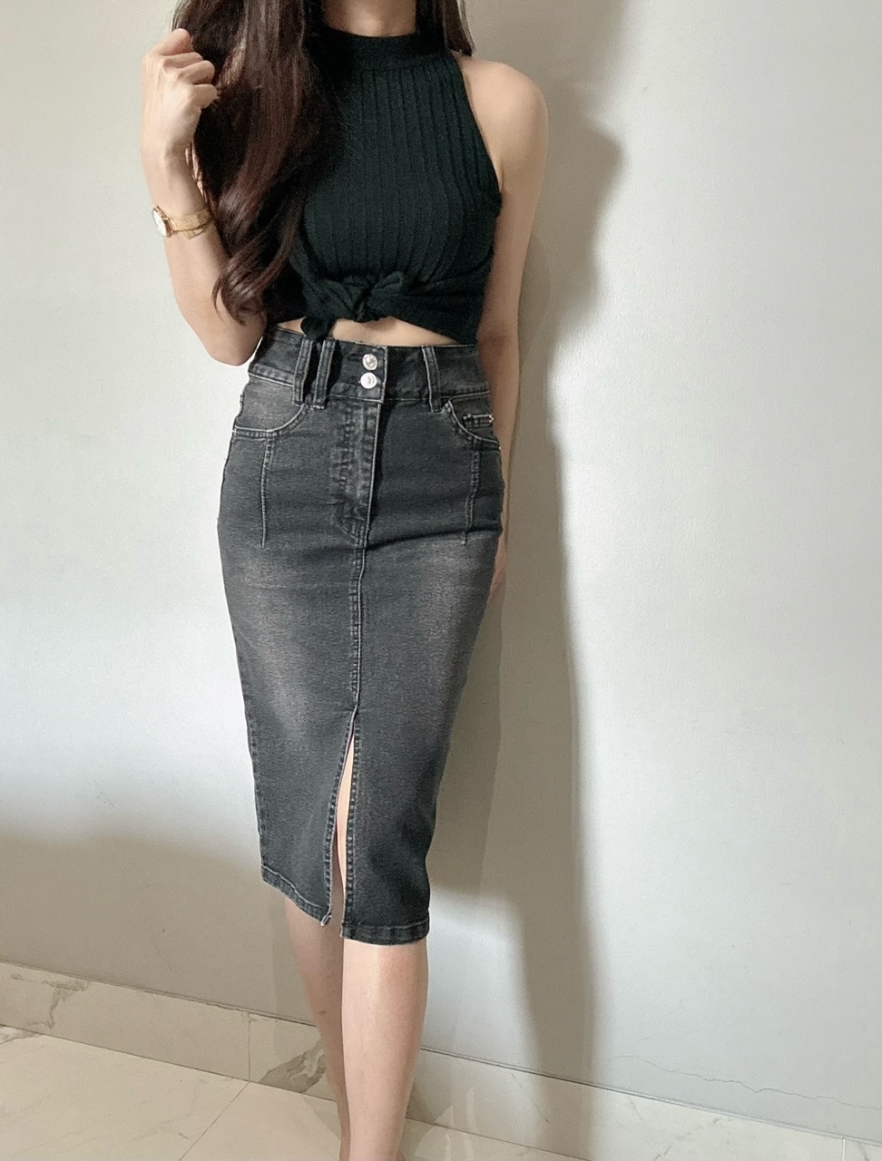 Kode: 4246 (Midi slit skirt) Hitam - Image 2