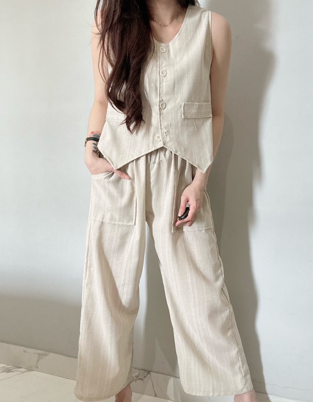 Kode: 4493 (Linen vest set) / Setelan Wanita / Setelan Vest Wanita / Setelan Celana Panjang Wanita