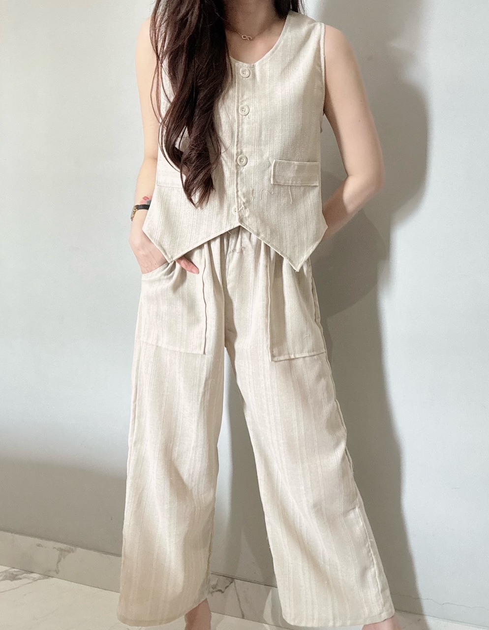 Kode: 4493 (Linen vest set) / Setelan Wanita / Setelan Vest Wanita / Setelan Celana Panjang Wanita - Image 2